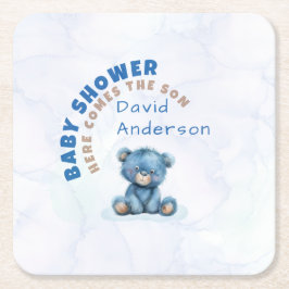 Akvarell baby shower pojke blå teddybjörn underlägg papper kvadrat