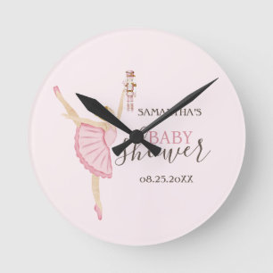 Akvarell Ballerina Nötknäppare Rosa Baby Shower Rund Klocka