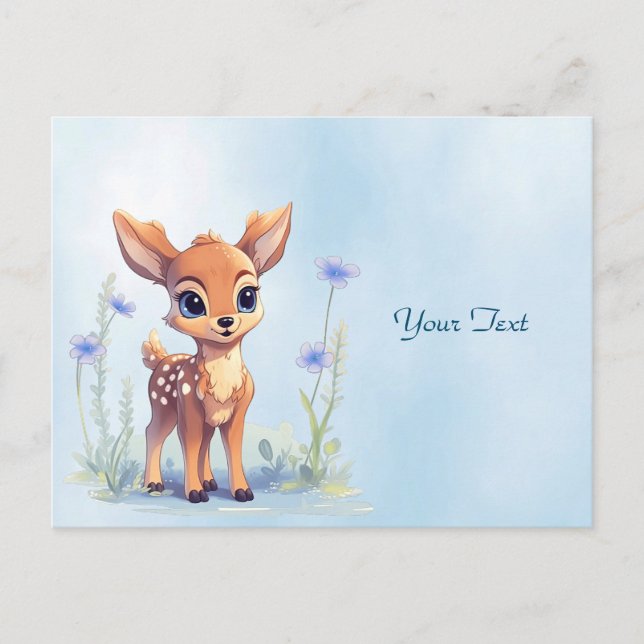 Akvarell Bambi Blå Blommor Julkort Vykort (Framsida)