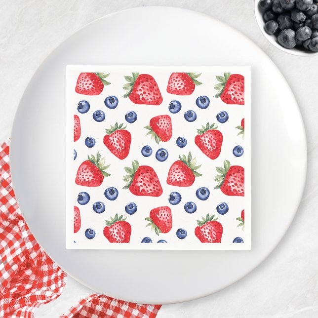 Akvarell Bärmönster Jordgubbe Sommarfest Pappersservett (Watercolor Berries Pattern Strawberry Summer Party Napkins)