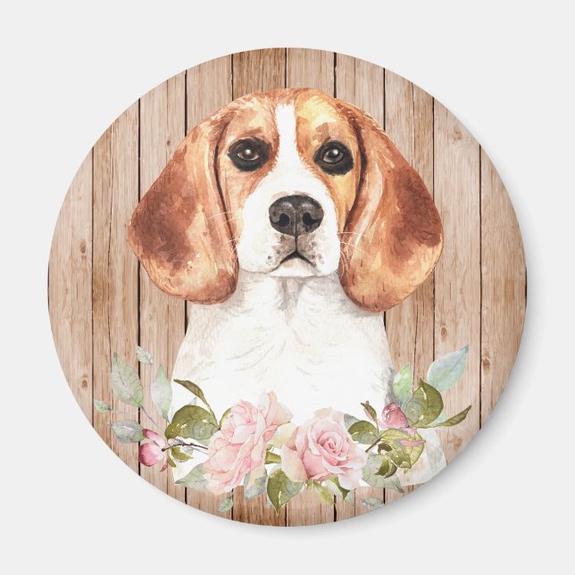 Akvarell Beagle & Blommor  Magnet (Framsidan)