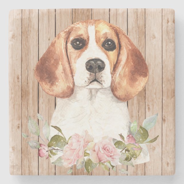 Akvarell Beagle & Blommor  Stenunderlägg (Framsidan)