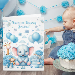 Akvarell Bebis Blå Elefant 1-årsdag Kort