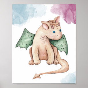 Akvarell Bebis Drakon Whimsical Fantasy Barnkammar Poster