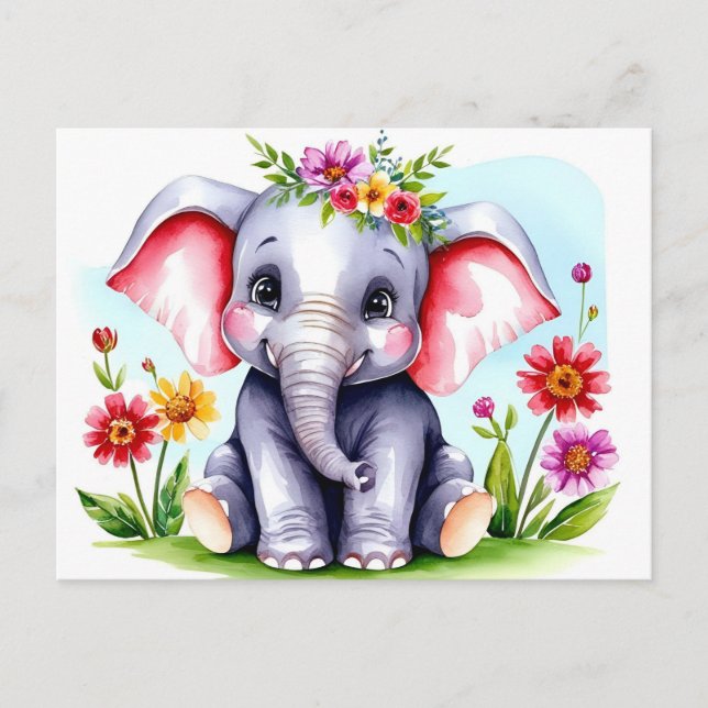Akvarell Bebis Elefant med blommor  Vykort (Framsida)