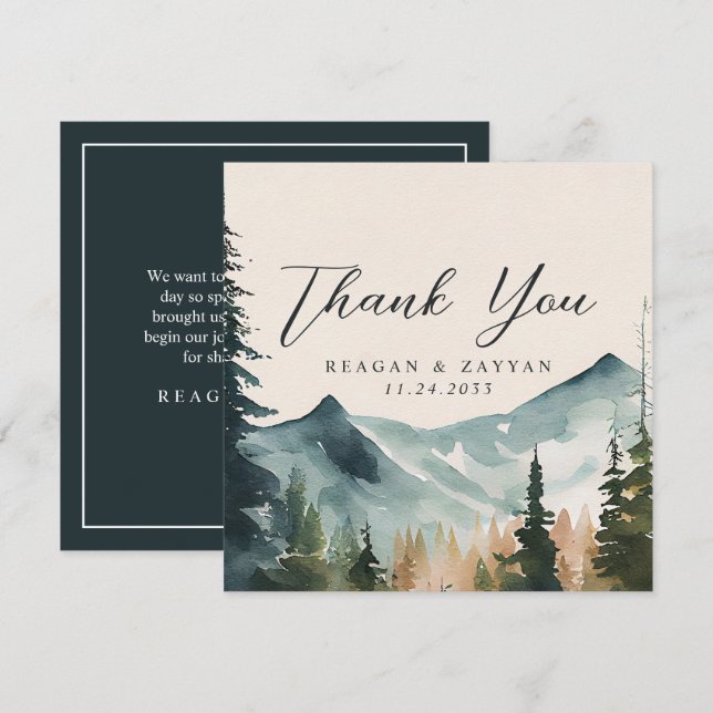 Akvarell Berg Och Tallar Bröllop Tack Kort (Fram/baksida)