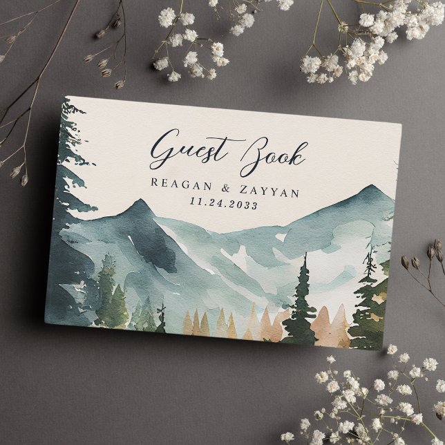 Akvarell Berg Och Tallar Rustik Bröllop Gästböcker (Skapare uppladdad)