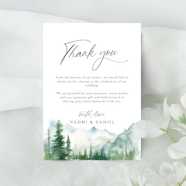 Akvarell Berg Skog Rustikt Bröllop Tack Kort (Watercolor Mountain Forest Rustic Wedding Thank You Card)
