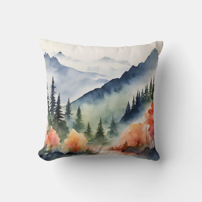 Akvarell Berg Träd Höst Natur Kudde (Framsida)