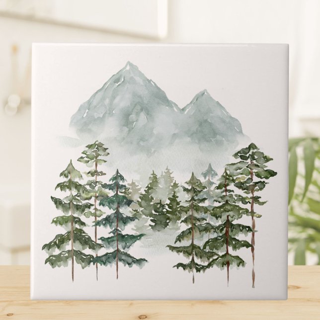 Akvarell Berglandskapvy Kakelplatta (Close up)