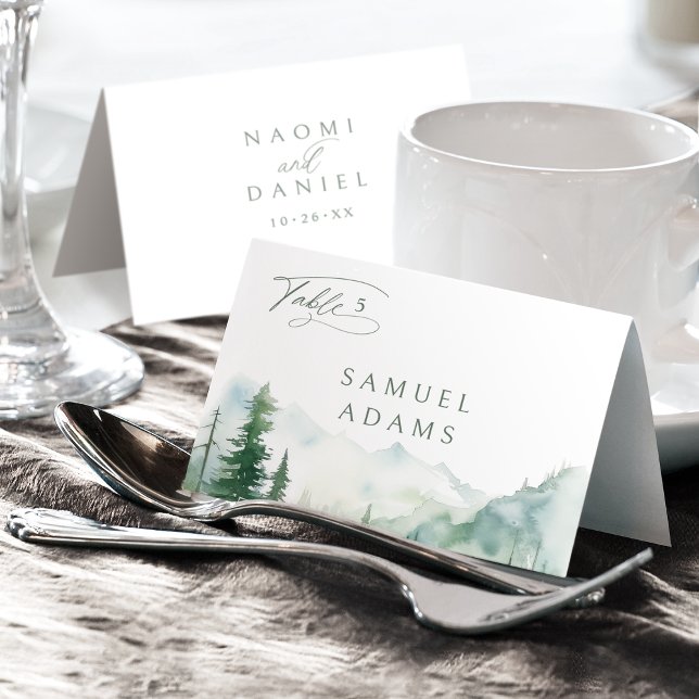 Akvarell Bergsskogs Fällbar Platskort Bordsnummer (Watercolor Mountain Forest Foldable Place Card)