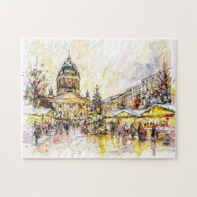 Akvarell Berlin julmarknad Gendarmenmarkt Pussel (Horisontell)