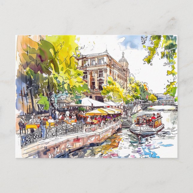 Akvarell Berlin Mitte Spreefloden Café Vykort (Framsida)