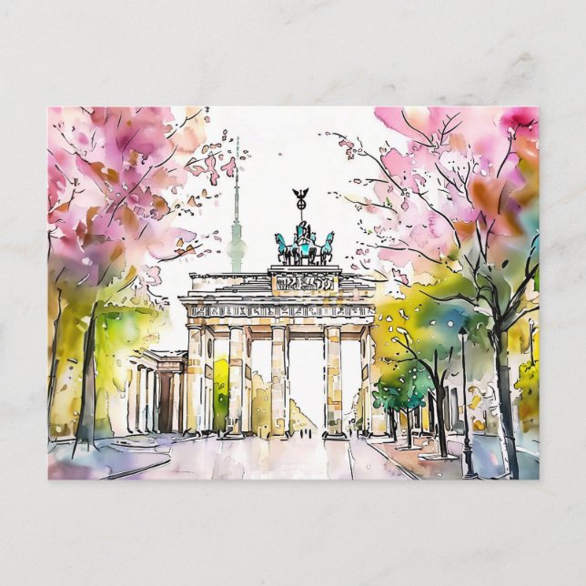 Akvarell Berlin Vår Brandenburger Tor Vykort (Framsida)
