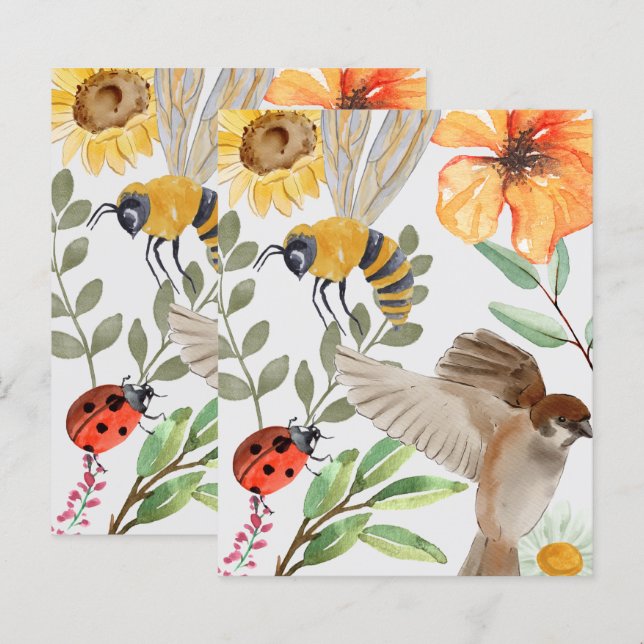 Akvarell Bin, Sparv & Vildblomma Platt Papper (Fram/baksida)