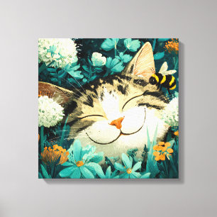 Akvarell Bina Sovande Katt Blomma Trädgård Canvastryck