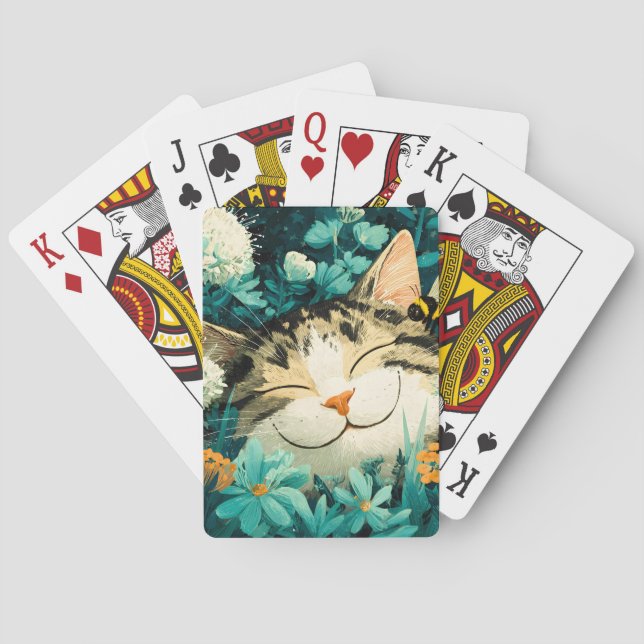 Akvarell Bina Sovande Katt Blomma Trädgård Casinokort (Baksidan)