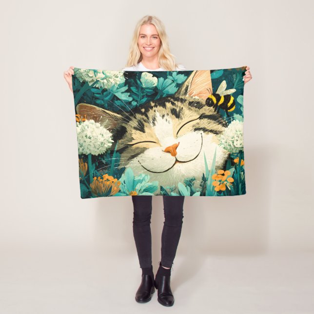 Akvarell Bina Sovande Katt Blomma Trädgård Fleecefilt (På plats)