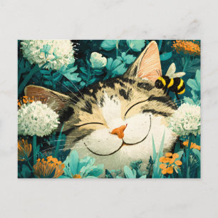 Akvarell Bina Sovande Katt Blomma Trädgård Helg Vykort
