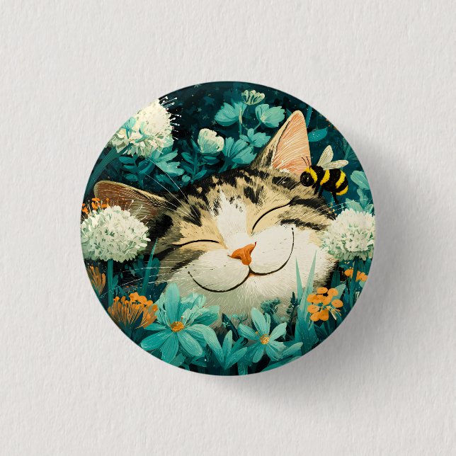Akvarell Bina Sovande Katt Blomma Trädgård Knapp (Framsida)