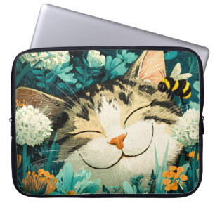 Akvarell Bina Sovande Katt Blomma Trädgård Laptop Fodral