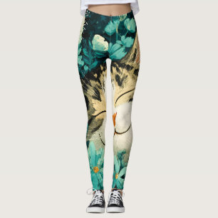 Akvarell Bina Sovande Katt Blomma Trädgård Leggings