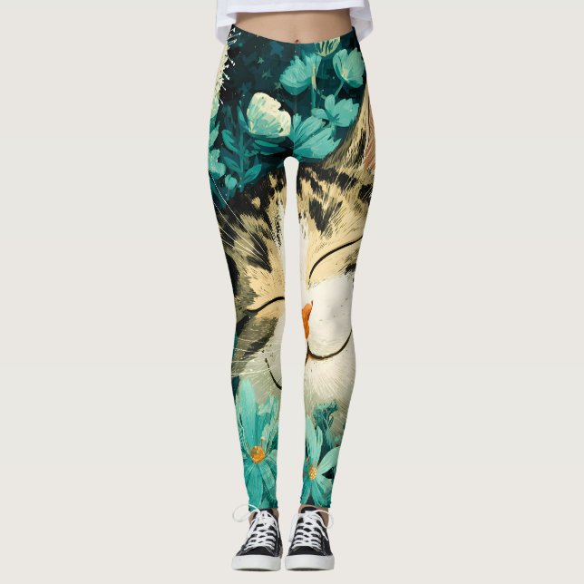 Akvarell Bina Sovande Katt Blomma Trädgård Leggings (Framsida)