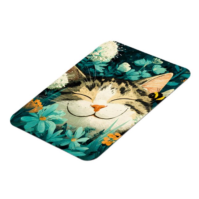 Akvarell Bina Sovande Katt Blomma Trädgård Magnet (Vänstra Sidan)