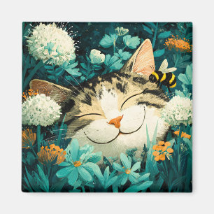 Akvarell Bina Sovande Katt Blomma Trädgård Magnet