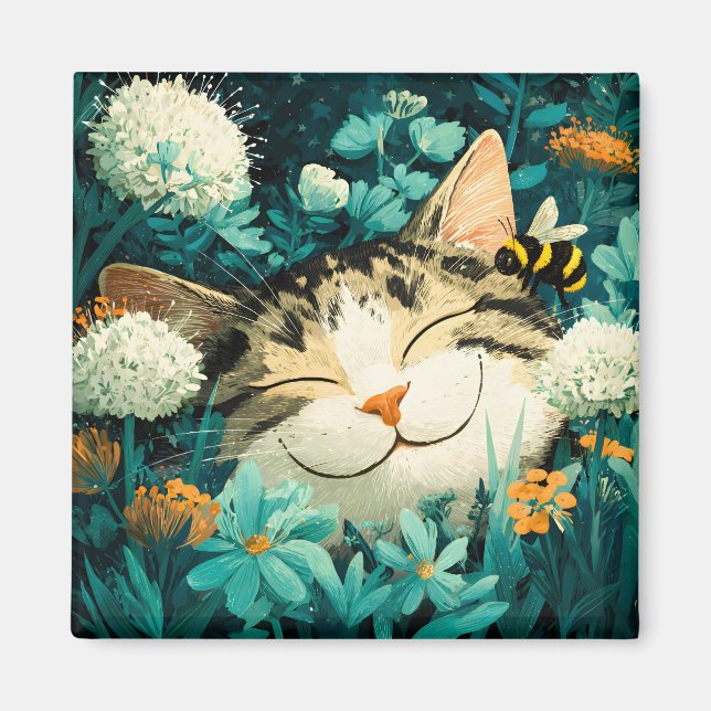 Akvarell Bina Sovande Katt Blomma Trädgård Magnet (Framsidan)