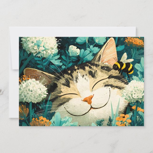 Akvarell Bina Sovande Katt Blomma Trädgård Meddelande (Framsida)