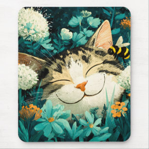 Akvarell Bina Sovande Katt Blomma Trädgård Musmatta
