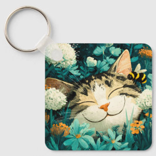 Akvarell Bina Sovande Katt Blomma Trädgård Nyckelring