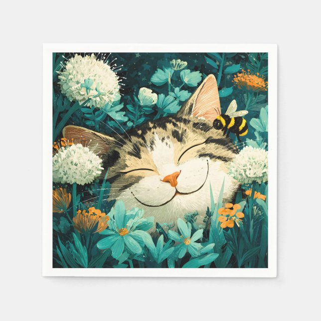 Akvarell Bina Sovande Katt Blomma Trädgård Pappersservett (Framsidan)