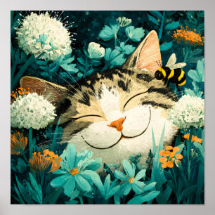 Akvarell Bina Sovande Katt Blomma Trädgård Poster