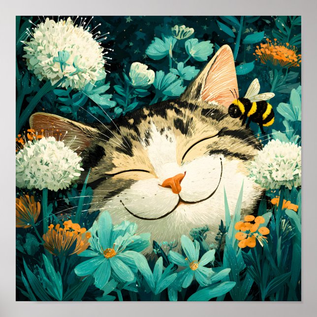 Akvarell Bina Sovande Katt Blomma Trädgård Poster (Framsidan)