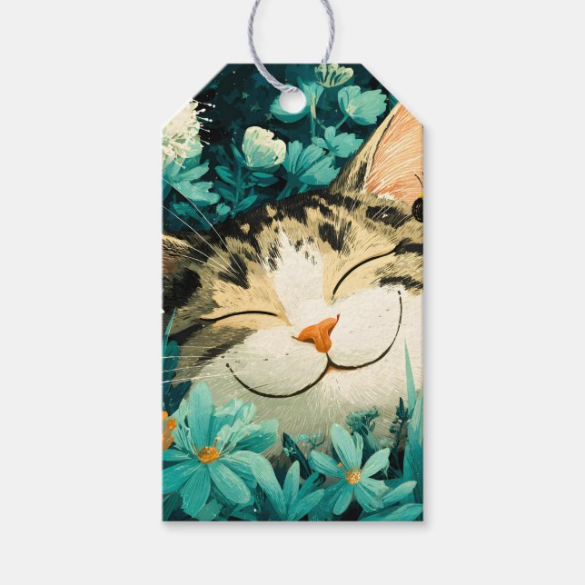 Akvarell Bina Sovande Katt Blomma Trädgård Presentetikett (Framsidan)