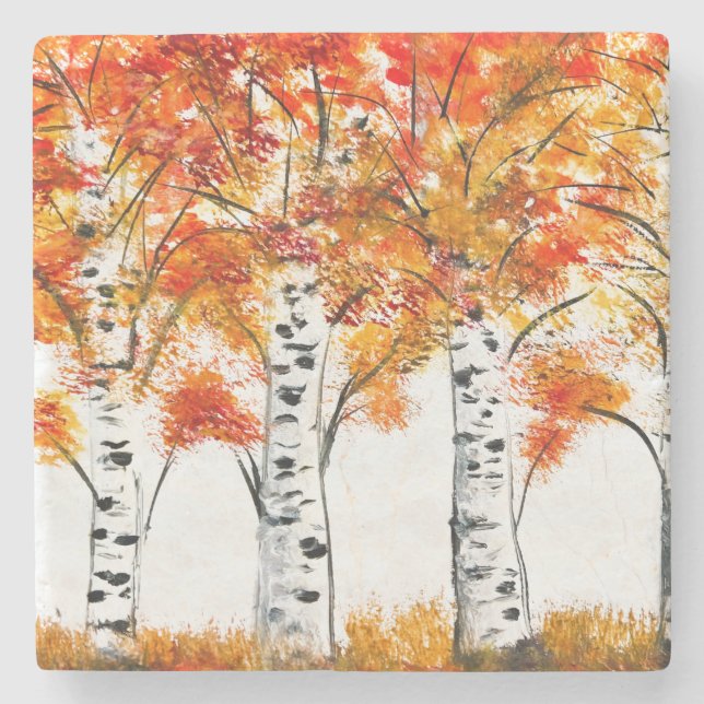 Akvarell Björkar Träd Höst Autumn orange blad Stenunderlägg (Framsidan)
