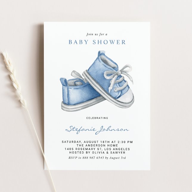 Akvarell Blå Babyskor Det är en Pojke Baby Shower Inbjudningar (Skapare uppladdad)