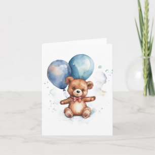 Akvarell Blå Ballonger Brun Teddybjörn Kort