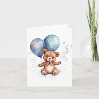 Akvarell Blå Ballonger Brun Teddybjörn Kort