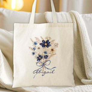 Akvarell Blå Blombukett Blommig Personlig Tygkasse