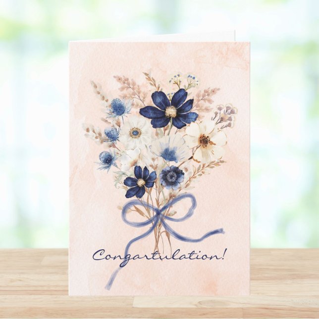 Akvarell Blå Blomma Bröllopskongratulation Kort (Skapare uppladdad)