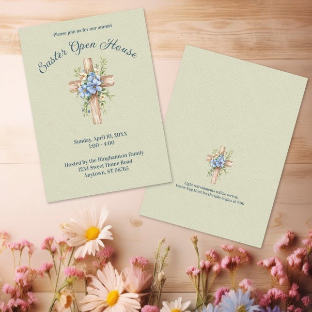 Akvarell Blå Blommig Kors Påsk Öppet Hus Inbjudningar (Watercolor Blue Floral Cross Personalized Easter Open House Invitation)