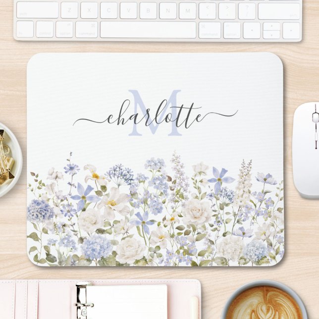 Akvarell Blå Blommor Blommig Elegant Monogram Musmatta (Skapare uppladdad)
