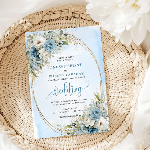 Akvarell Blå Blommor Eukalyptus Guld Bröllop Inbjudningar