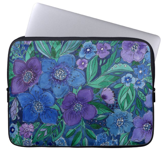 akvarell, blå blommor laptop fodral (Framsidan)