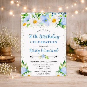 Akvarell Blå Blommor och Prästkragar 50-årsdag Inbjudningar
