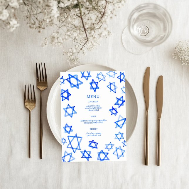 Akvarell Blå Davidstjärna Bar Mitsva Meny (Watercolor Blue Star of David Bar Bat Mitzvah Jewish Wedding Custom Menu
)
