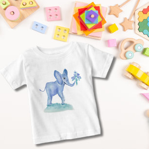 Akvarell Blå Elefant Med Blommor T Shirt